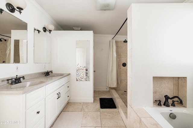 bathroom with a tile shower, a relaxing tiled tub, ornamental molding, and a sink