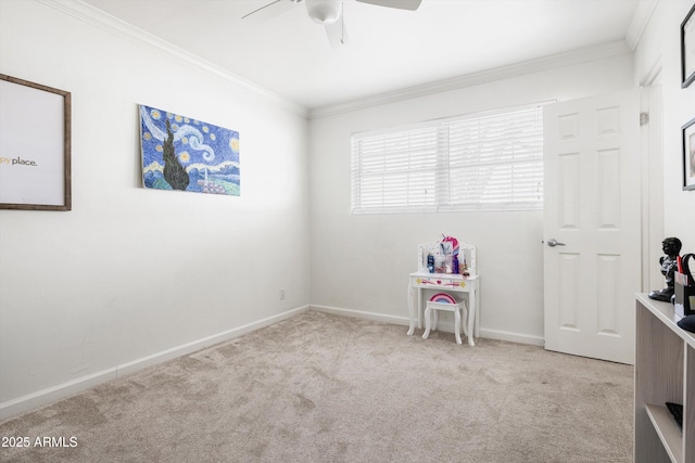 bedroom featuring carpet flooring, crown molding, baseboards, and ceiling fan