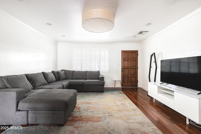 living room featuring ornamental molding, baseboards, dark wood-style floors, and visible vents