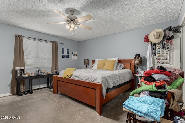 bedroom with visible vents, a textured ceiling, concrete flooring, and ceiling fan