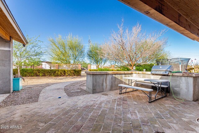 view of patio with area for grilling and a grill