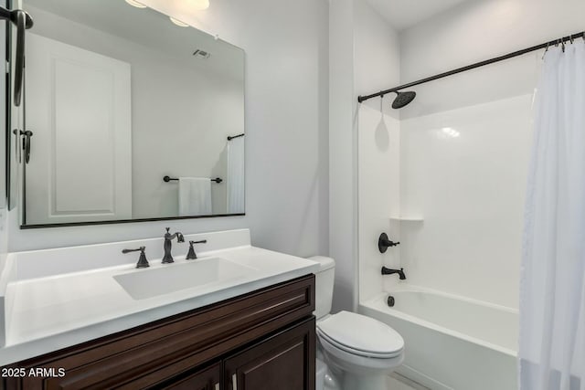 bathroom featuring toilet, shower / bathtub combination with curtain, visible vents, and vanity