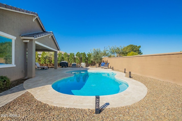 view of pool with a fenced backyard, a fenced in pool, and a patio