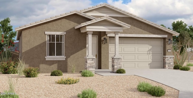 5511 W Piedmont Rd, Laveen, AZ 85339 - view of front of home with a garage, driveway, stucco siding, and stone siding