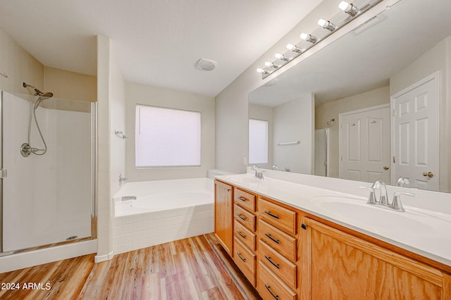 bathroom featuring vanity, separate shower and tub, and wood-type flooring