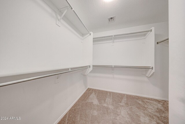 walk in closet featuring light colored carpet