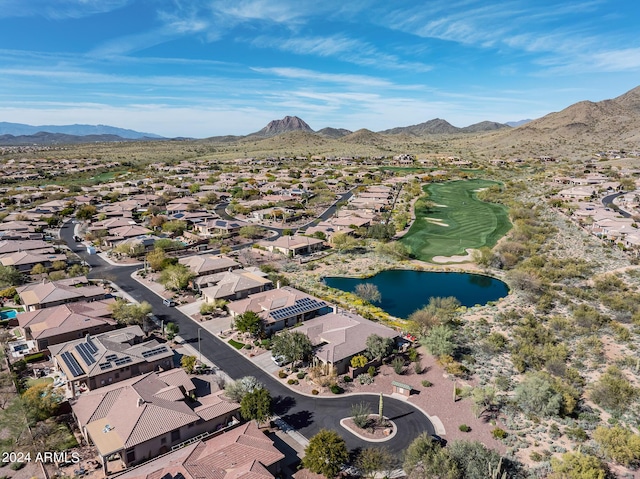 bird's eye view featuring a water and mountain view