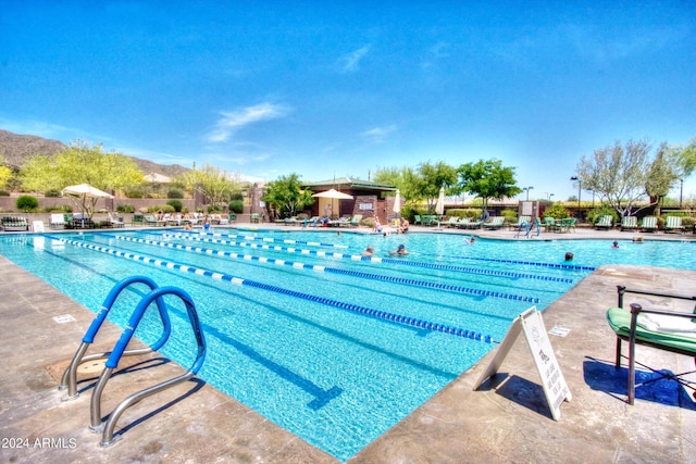 view of pool featuring a mountain view