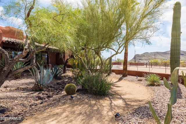 view of yard featuring a mountain view and fence