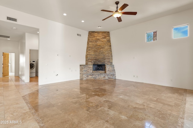 unfurnished living room featuring visible vents, a ceiling fan, washer / clothes dryer, and recessed lighting