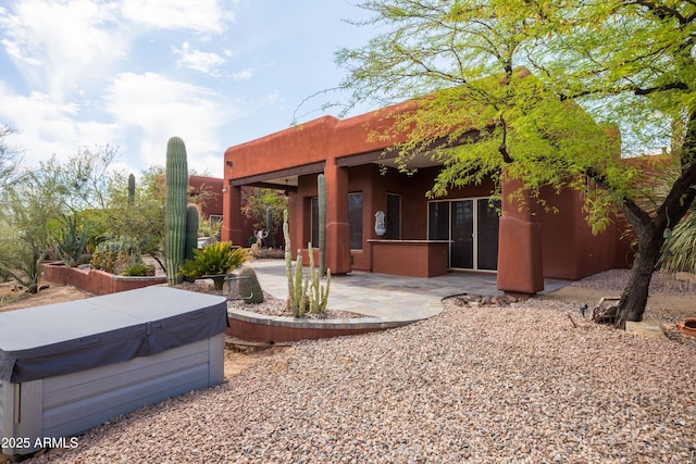 back of property with a patio, a hot tub, and stucco siding