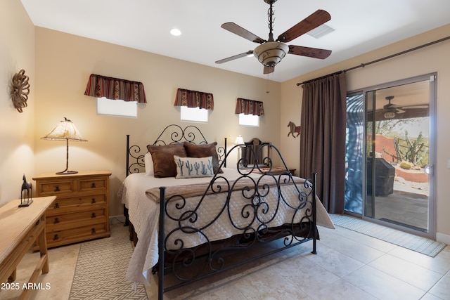 bedroom featuring a ceiling fan, recessed lighting, light tile patterned flooring, and access to exterior