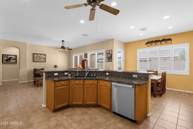 2069 E Winchester Way, Chandler, AZ 85286 - kitchen featuring stainless steel dishwasher, a ceiling fan, light tile patterned floors, a center island with sink, and recessed lighting
