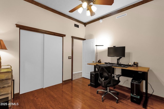 2069 E Winchester Way, Chandler, AZ 85286 - office featuring ornamental molding, a ceiling fan, and wood finished floors