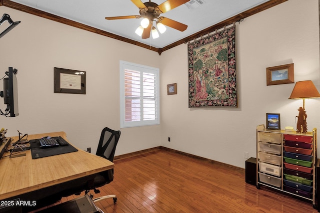 2069 E Winchester Way, Chandler, AZ 85286 - home office with ceiling fan, hardwood / wood-style floors, and ornamental molding