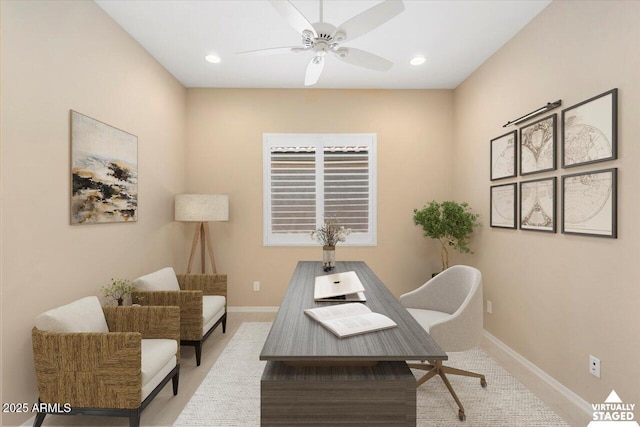 office with a ceiling fan, recessed lighting, and baseboards