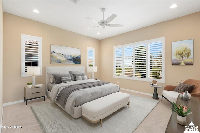 bedroom featuring baseboards, ceiling fan, recessed lighting, and light colored carpet