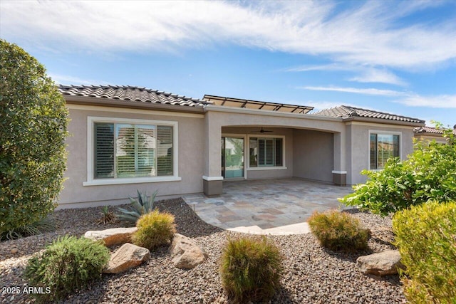 back of property featuring a patio area, a tile roof, and stucco siding