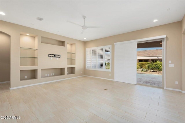 unfurnished living room featuring ceiling fan, recessed lighting, visible vents, built in features, and baseboards