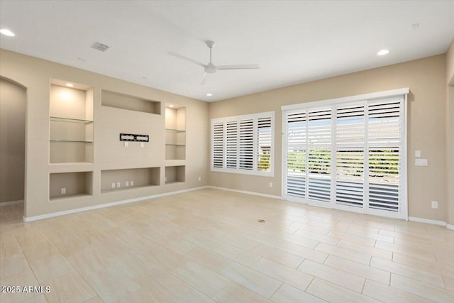 unfurnished room featuring recessed lighting, visible vents, baseboards, a ceiling fan, and built in features