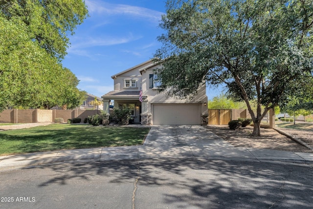 2545 E Harrison Ct, Gilbert, AZ 85295 - view of front facade with an attached garage, concrete driveway, stucco siding, and stone siding