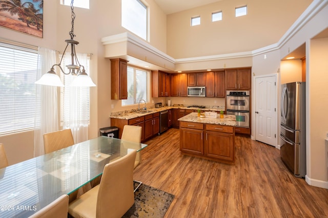 kitchen with stainless steel appliances, sink, a high ceiling, pendant lighting, and a center island