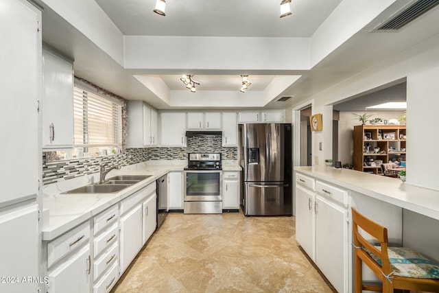 kitchen featuring white cabinetry, sink, appliances with stainless steel finishes, and a tray ceiling