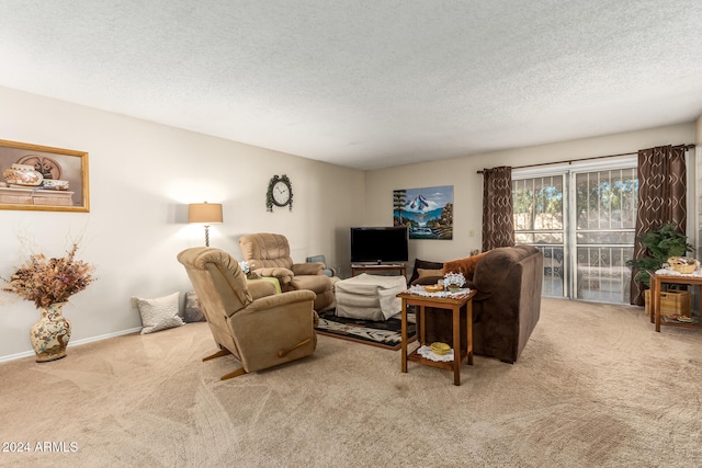 living room with a textured ceiling and light carpet