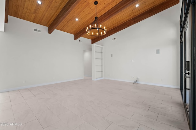 unfurnished room featuring visible vents, baseboards, beam ceiling, and wooden ceiling