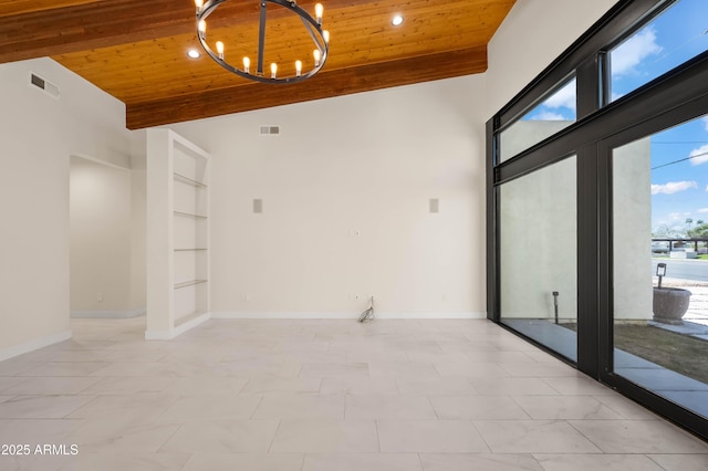 unfurnished room with wooden ceiling, a notable chandelier, built in features, and visible vents