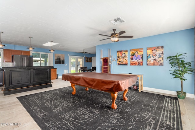 game room with ceiling fan, french doors, light hardwood / wood-style floors, and billiards