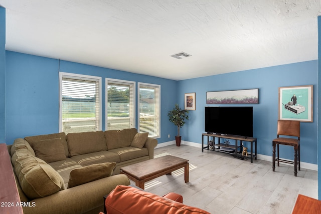 living room featuring light wood-type flooring and a textured ceiling