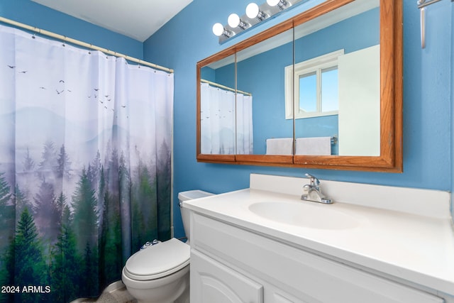 bathroom featuring walk in shower, vanity, and toilet