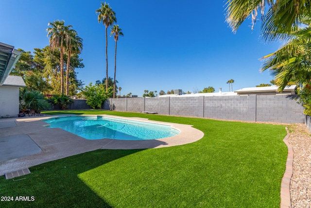 view of pool featuring a patio area and a yard