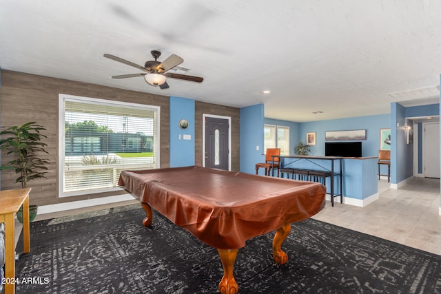 recreation room with ceiling fan and pool table