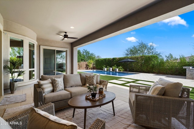 2821 E Cashman Dr, Phoenix, AZ 85050 - view of patio with an outdoor hangout area, a ceiling fan, and an outdoor pool