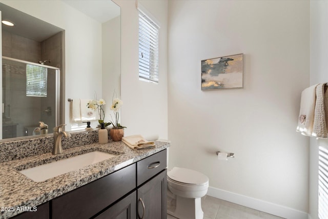 2821 E Cashman Dr, Phoenix, AZ 85050 - full bath featuring baseboards, a shower stall, tile patterned flooring, toilet, and vanity
