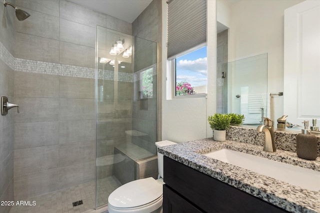 2821 E Cashman Dr, Phoenix, AZ 85050 - bathroom with a stall shower, toilet, vanity, and a chandelier