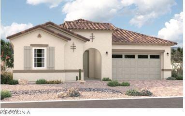 mediterranean / spanish house with an attached garage, driveway, stucco siding, and a tile roof