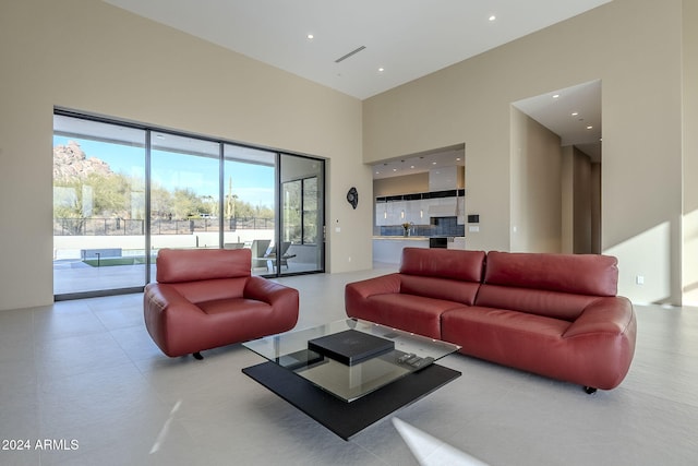 living room with a high ceiling