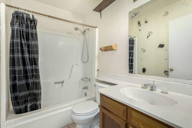 full bathroom with toilet, vanity, and shower / bath combination with curtain