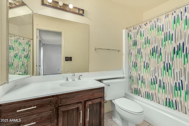 full bathroom featuring toilet, shower / bath combo, tile patterned floors, a textured ceiling, and vanity