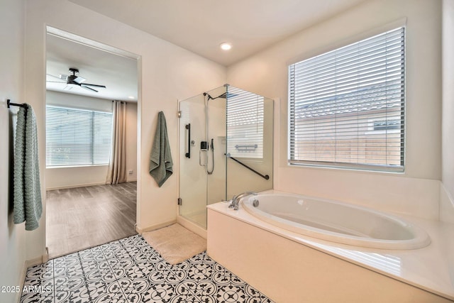 full bath with recessed lighting, a ceiling fan, a stall shower, a bath, and tile patterned floors