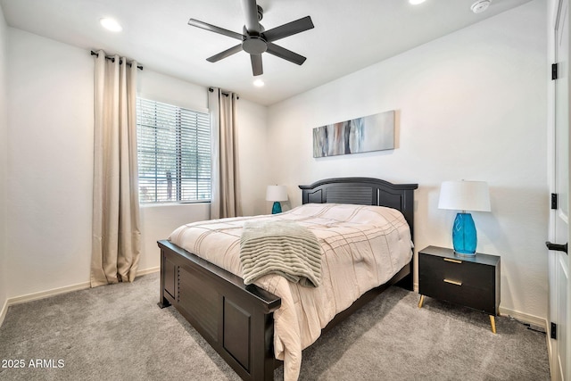 bedroom with recessed lighting, baseboards, a ceiling fan, and light colored carpet