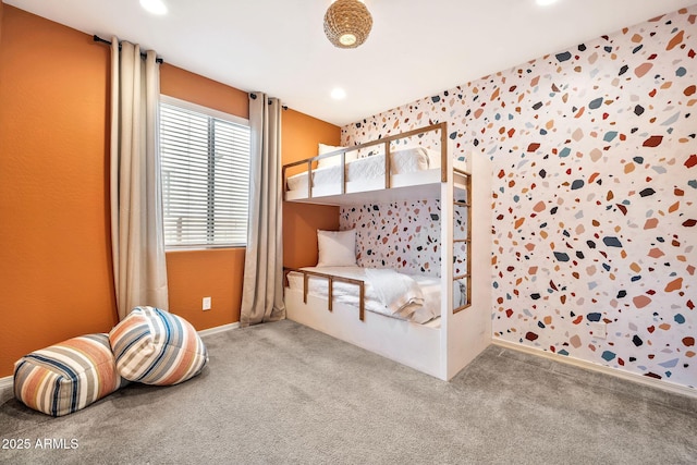 bedroom featuring recessed lighting, carpet flooring, and baseboards