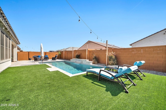 view of pool with a patio area, a fenced backyard, a fenced in pool, and a yard