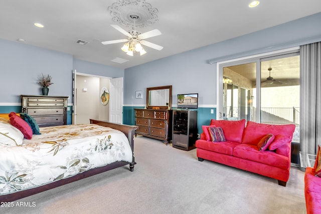 carpeted bedroom featuring access to outside, recessed lighting, visible vents, and ceiling fan