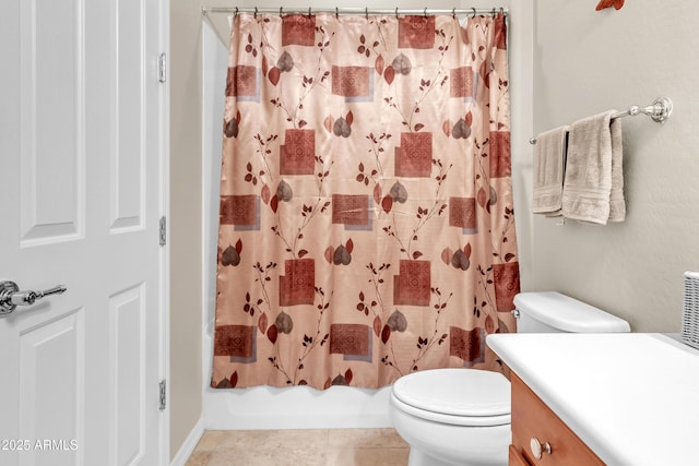 full bathroom with tile patterned floors, shower / tub combo with curtain, toilet, and vanity