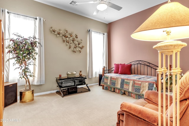 bedroom with visible vents, ceiling fan, baseboards, and carpet floors