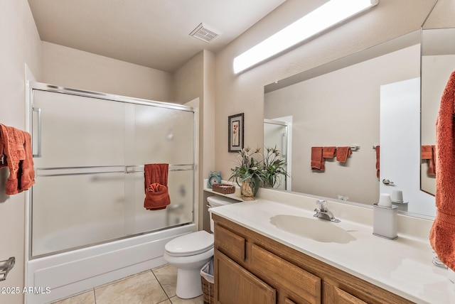 bathroom with enclosed tub / shower combo, toilet, vanity, visible vents, and tile patterned floors